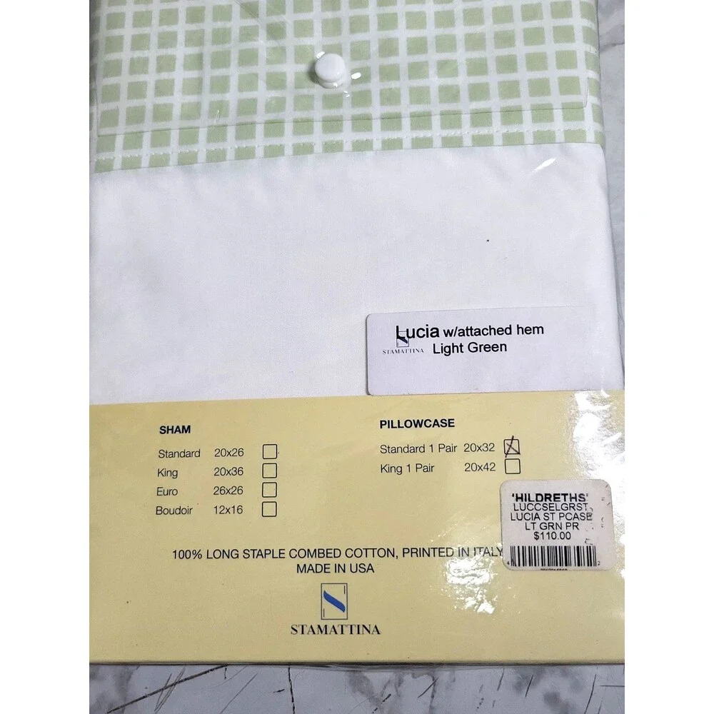 NWT Stamattina Lucia Light Green Grid King Flat Sheet & Shams Cotton Italy USA